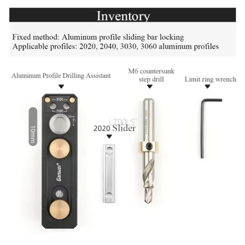 Інструмент для пробивання алюмінієвого профілю 2020, 2040, 3030, 3060: зображено пристрій з різними отворами та налаштуваннями для пробивання отворів у різних типах алюмінієвих профілів.