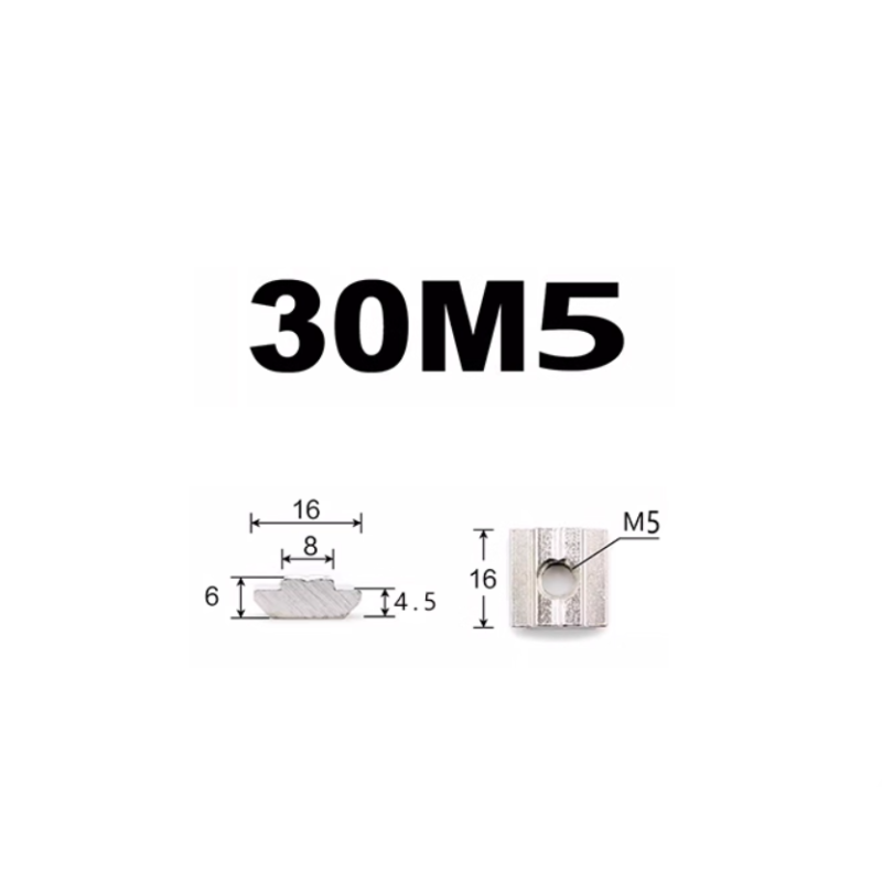 ALT-текст: "Зображення гайки закладної для профілю 30 мм з різьбленням М5. Гайка має прямокутну форму з отворами для надійного закріплення у конструкціях. Виготовлена з міцного металу, що забезпеч