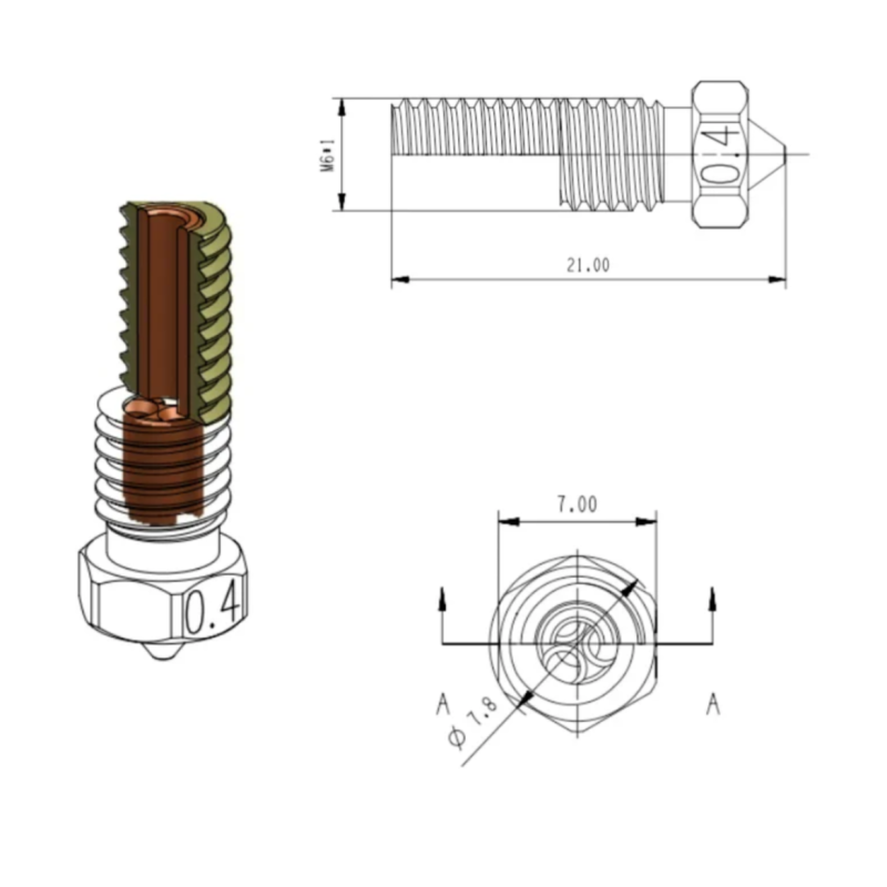 Сопло E3D Volcano CHT, High Traffic, 1,75 мм, отвір 0.4мм, латунь image