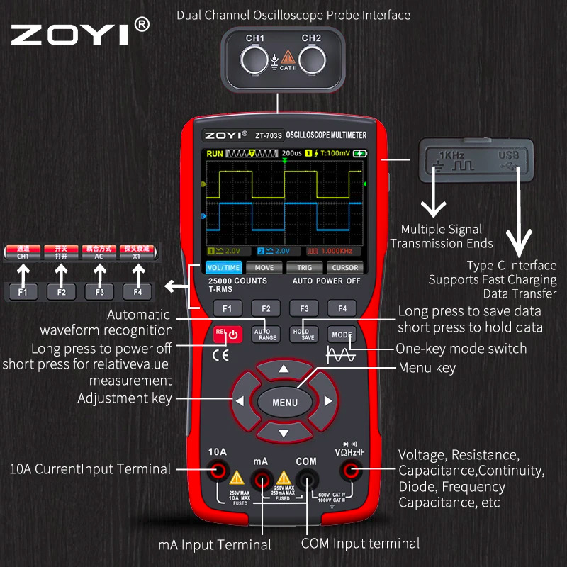 ZOYI ZT‑703S – кольоровий ручний осцилограф мультиметр для ремонту авто